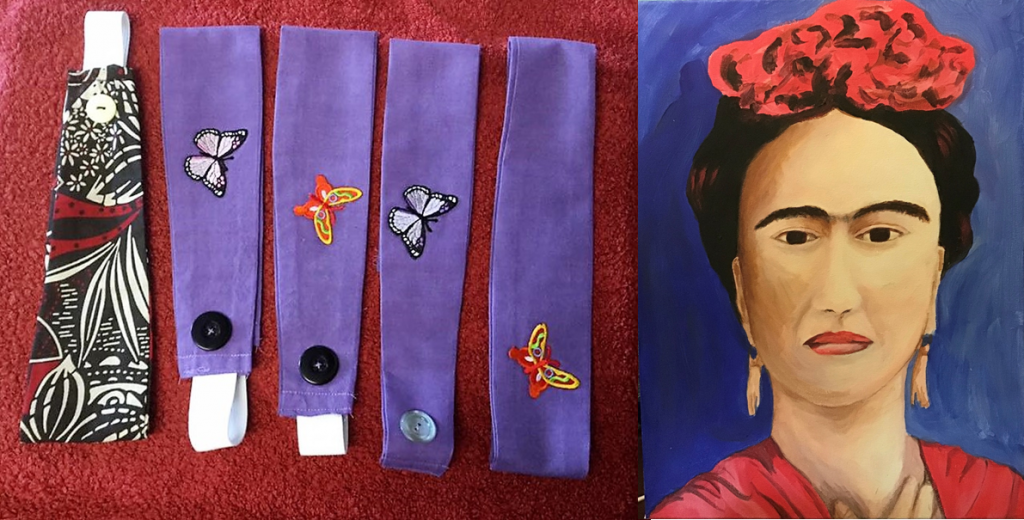 Image shows homemade headbands with butterflies and flowers on and a painting of Frida Kahlo