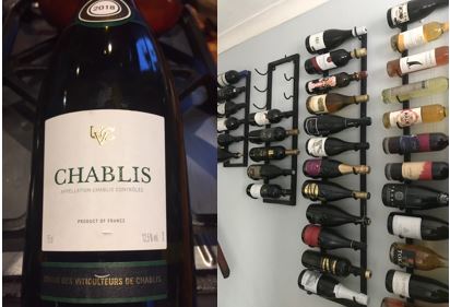 On left: close up picture of Chablis wine
On right: Picture of wine rack on wall, almost full with win bottles