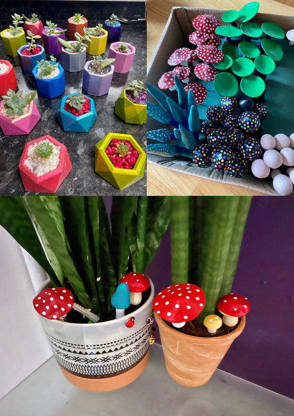 Image shows homemade colourful plant pots, toadstools and mushrooms.