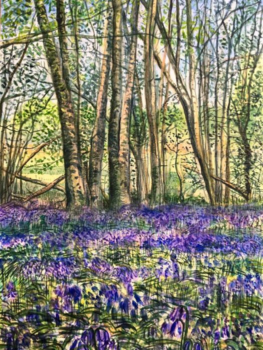 Very realistic painting of bluebells on the ground and trees, grass and blue sky in the background.