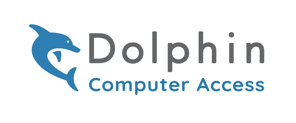 Dolphin Computer Access logo: Simple drawing of a dolphin in medium blue, next to the word "Dolphin" in large grey text, which is above a smaller "computer access in the same blue as the dolphin.