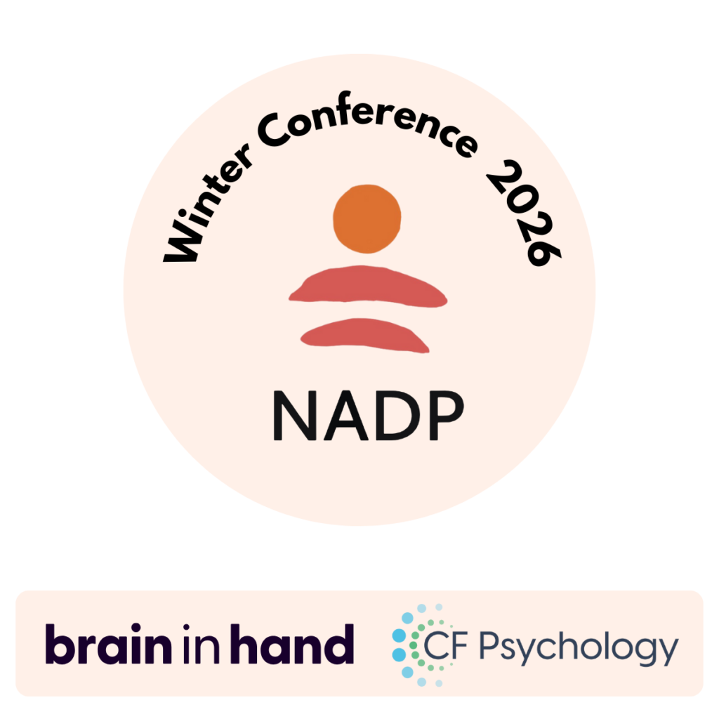 NADP Logo, a orange circle over two orange semicircles representing a head and shoulders over NADP in all caps in black on a light orange background. Winter conference 2026 wrapped across the top in black text. Below, the brain in hand logo and the cf psychology logo.